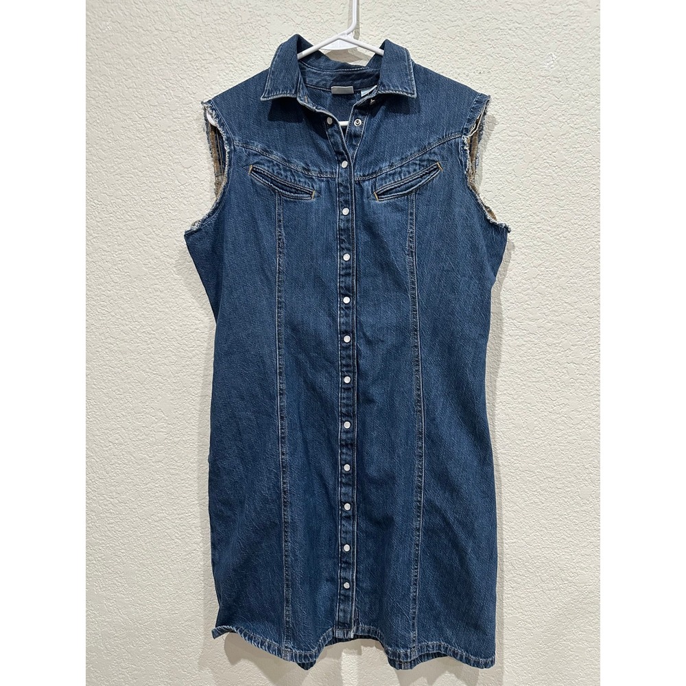 Levis Womens Sleeveless Denim Snap Front Dress Medium Wash Frayed Hem Large